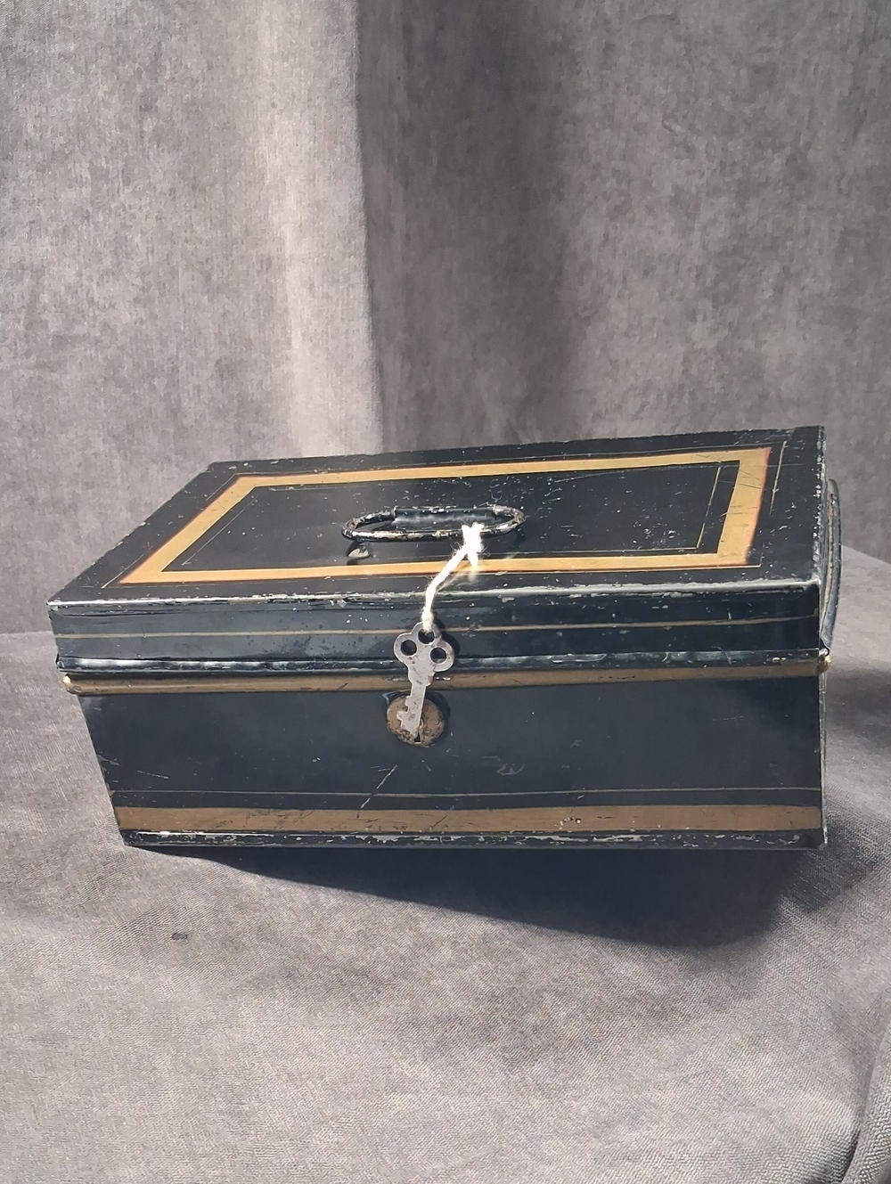 Antique Black & Gold Painted Metal Lock Money Box with 1 Key Working Condition